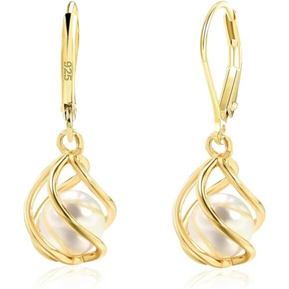 Gold-Plated Caged Pearl Drop Earrings – Lightweight, Hypoallergenic - Picture 1 of 6